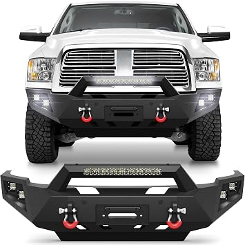 Ram Front Bumper for 2010-2018 Dodge Ram 2500/3500 Pickup | Truck Front Bumper w/Winch Plate, LED Lights and D-rings