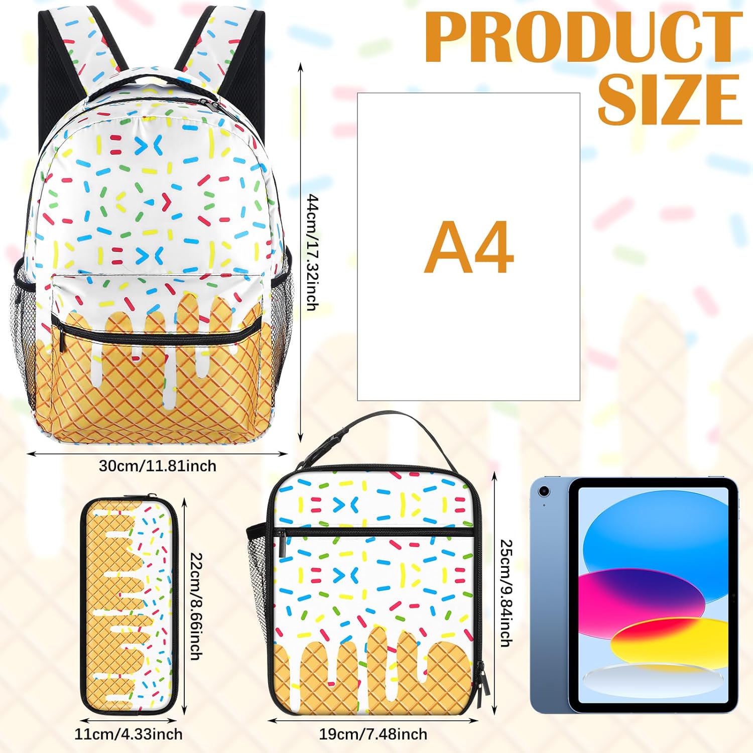 Sadnyy 3 Pcs Baseball Ice Cream Drip Backpack Set 14'' Baseball Drip Bag with Lunch Box Pencil Bag for Sport Travel BackPack