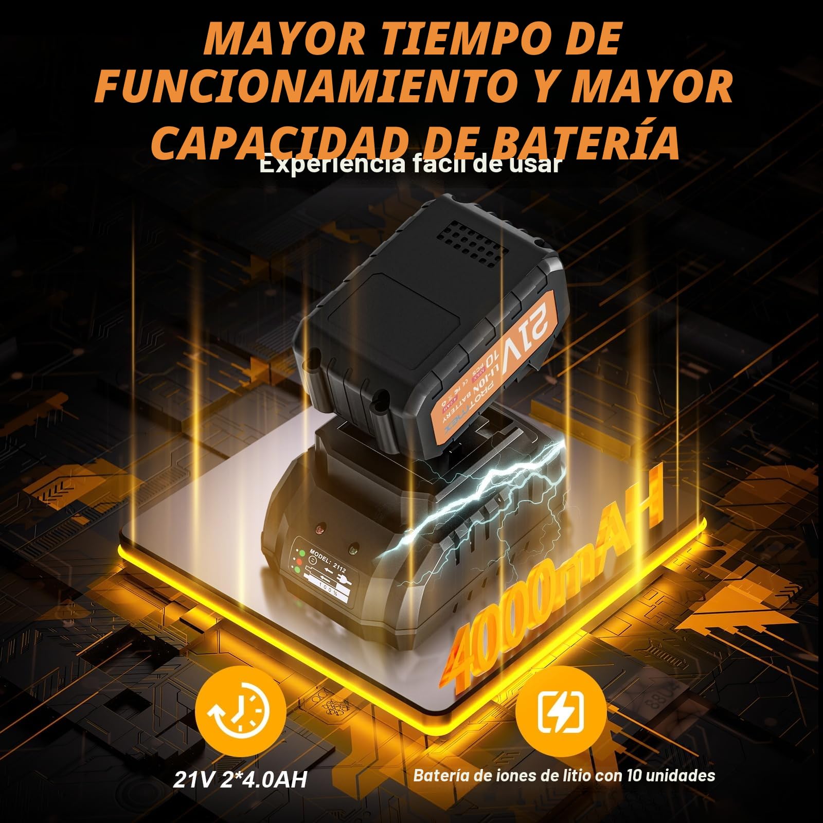 Protmex Llave de impacto inalámbrica sin escobillas,2x4,0 Ah 21V Pistola de Impacto Baterías，par máximo de 1200 N.m,1/2"llave de impacto con 1 destornillador, Para Coche Familiar/Camioneta/Cortacésped