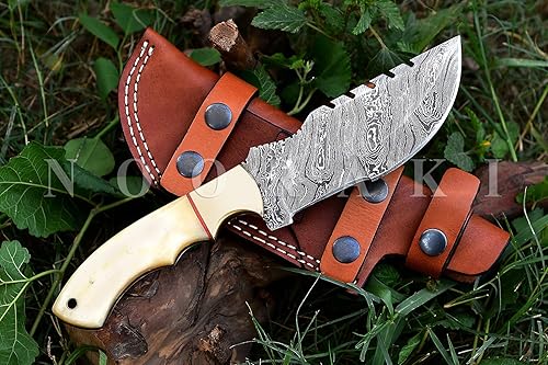 Miniatura 2 de Nooraki - 11 pulgadas  Cuchillo de rastreo de Damasco hecho a mano personalizado con mango de hueso de camello, cuchillo de caza, cuchillo de