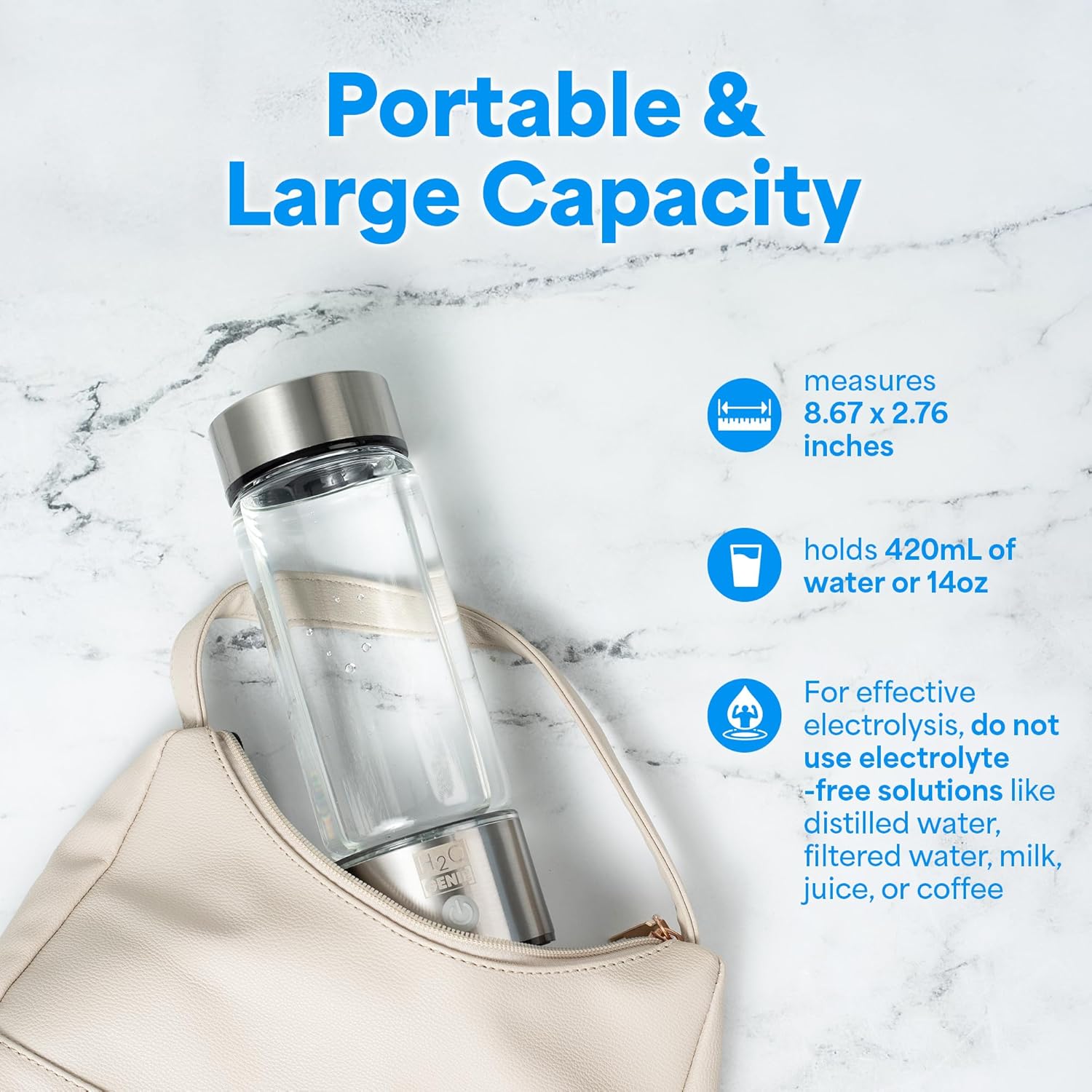 Hydrogen Water Bottle Generator, Portable Hydrogen Water Machine, 14oz Capacity, Water Ionizer for Home & Office use, Boost Wellness & Hydration, 3 Min Electrolysis