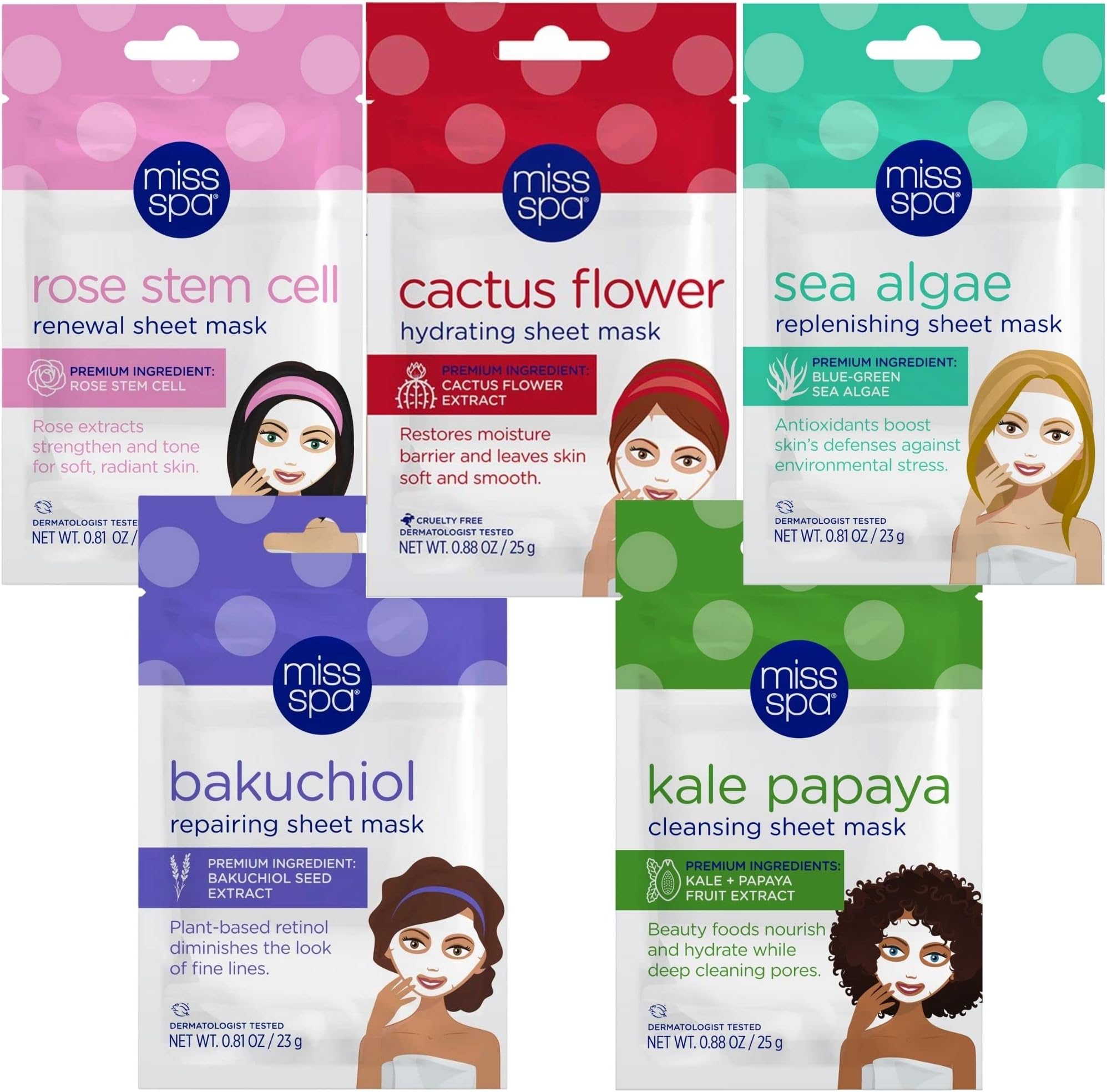 Hydrating & Brightening Sheet Mask Set Facial Masks for Women Exfoliating, Moisturizing Anti-Aging Skincare Bundle Nourishing Masks Dermatologist Tested 5-Pack