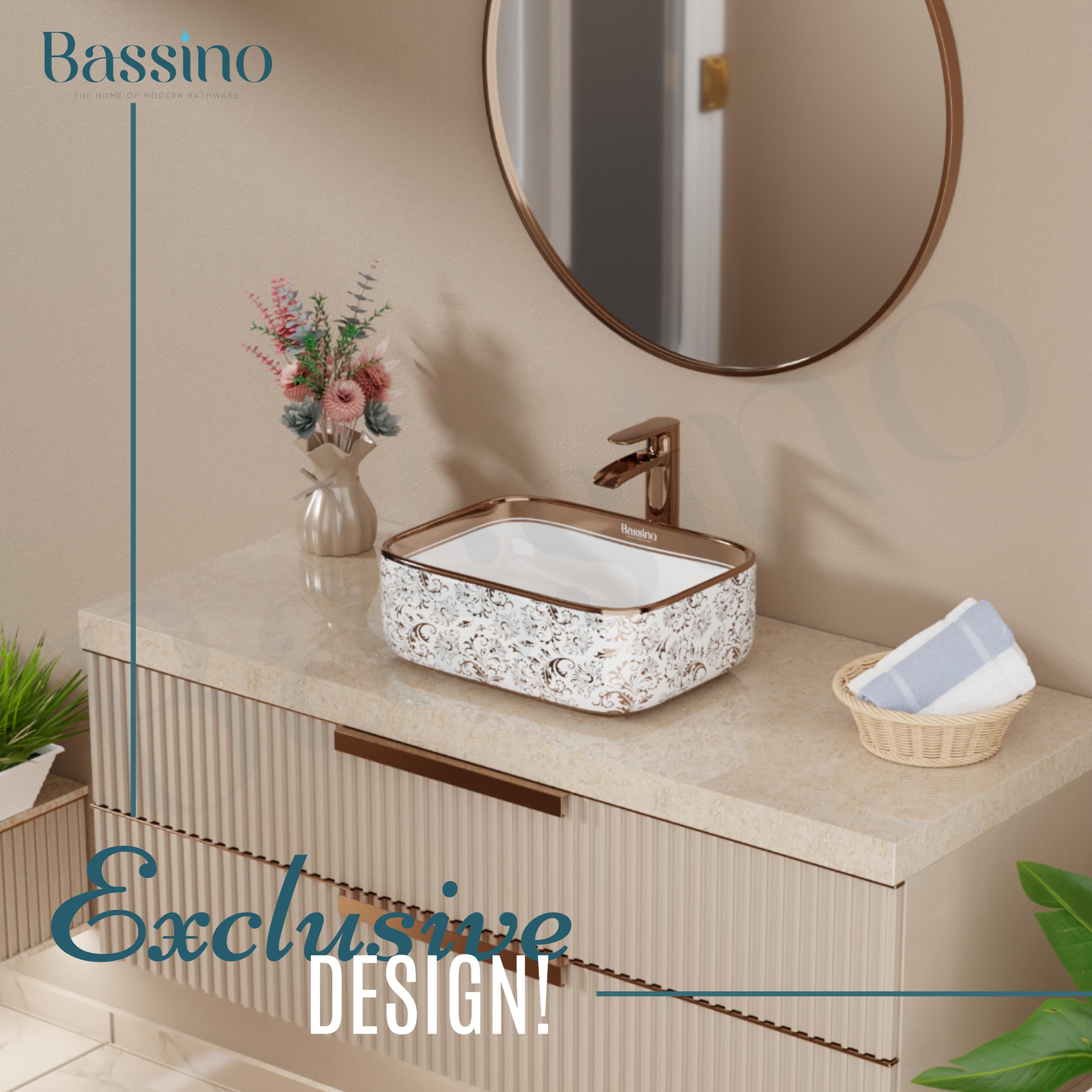BASSINO Ceramic Wash Basin - White & Rose Gold -2 BASSINO Ceramic Wash Basin - White & Rose Gold -2