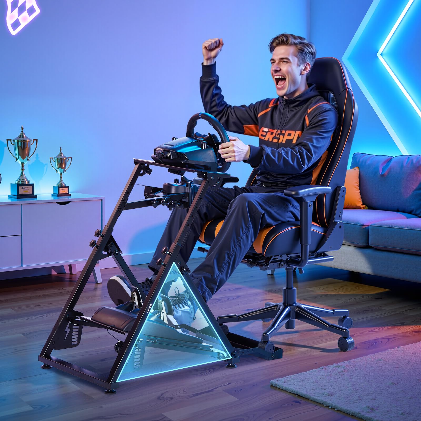 VEVOR Soporte para Volante de Carreras Ajustable y Plegable, para Logitech G923, G920, G29 y G27, Thrustmaster T300RS TX, F458, T500RS, T3PA-PRO F1/GT, Consola de Juegos, 900 x 710 x 845 mm