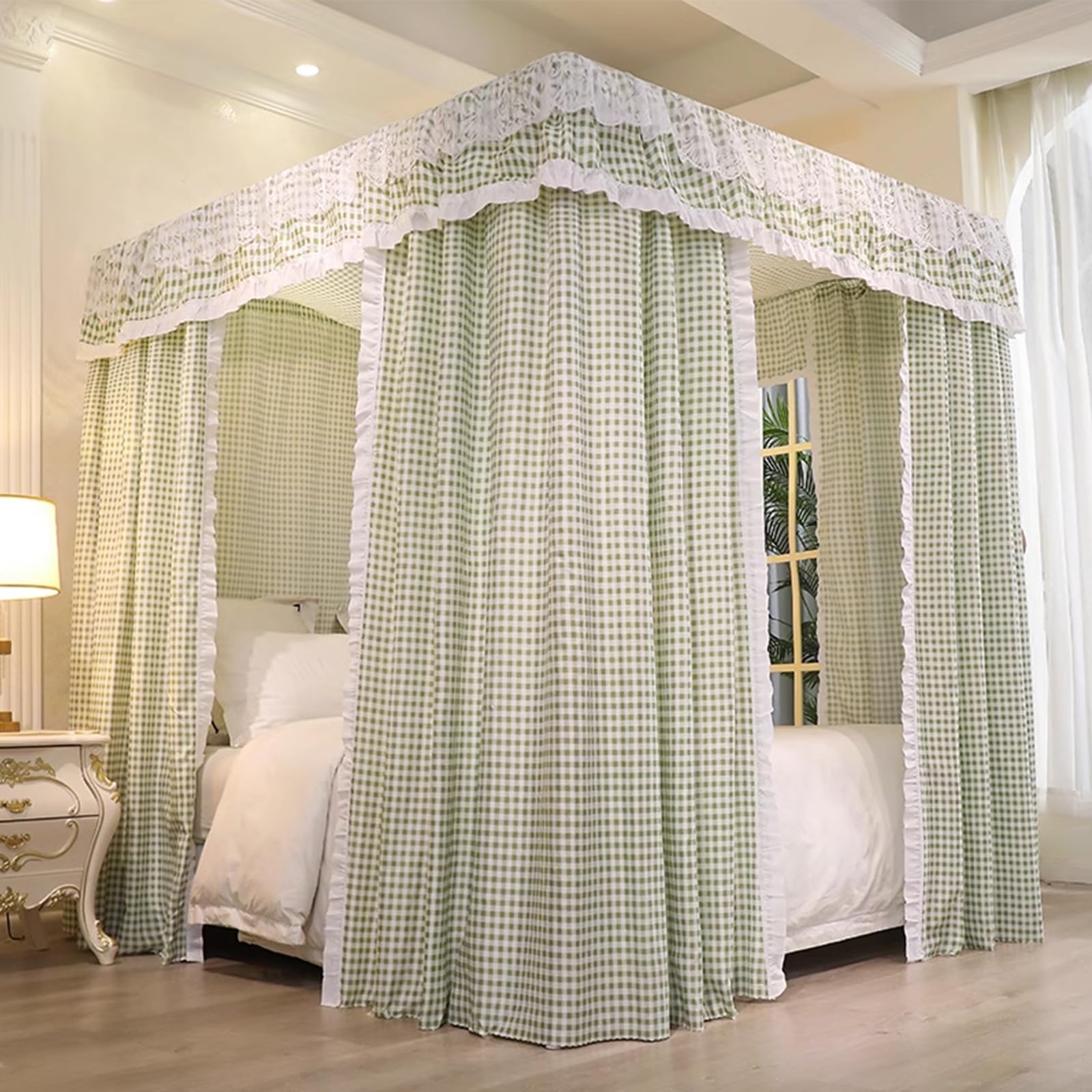 Princess 4 Postes De Esquina Mosquitera Y Cortinas Opacas para Cama Cortina De Cama con Dosel Acogedor De Doble Capa, Protección De Privacidad para Decoración De Toldos De Dormitorio