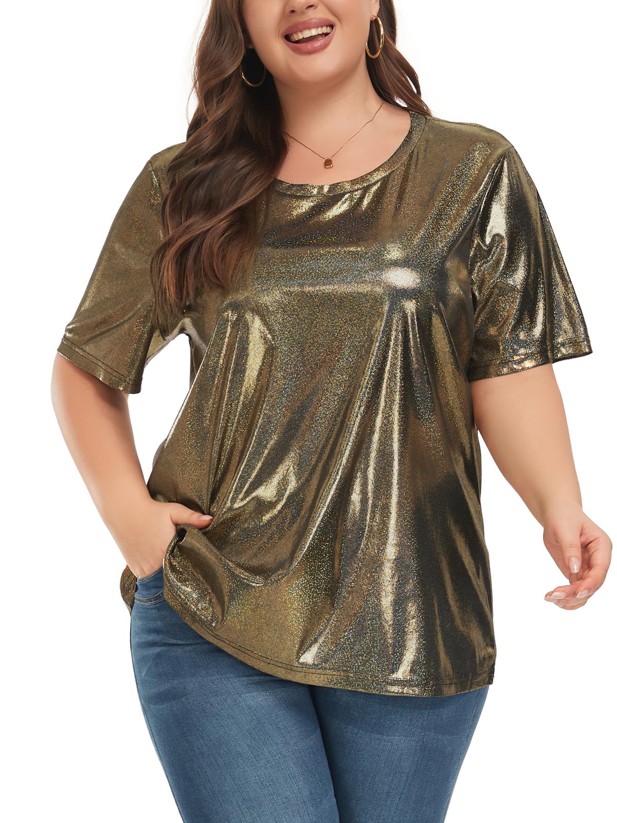 ForHaileyWomen's Plus Size Tops Halloween Shiny T Shirt Holographic Metallic Shirt Shimmer Party Disco Tee Blouses