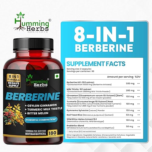Miniatura 2 de Humming Herbs Suplemento de berberina 1300 mg fórmula 8 en 1 con canela de Ceilán, cardo mariano, curcumina, melón amargo y probióticos arroz de