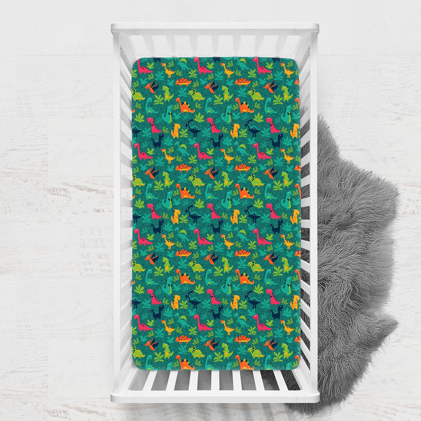 Odot Cot Bed Sheets, Dinosaur Print Bedside Cribs Fitted Sheets, Baby Bed Sheets Microfiber Cot Bed Mattress Protector, Bassinet Sheets, Easy Care Soft and Dureable (Green,65x95 cm)