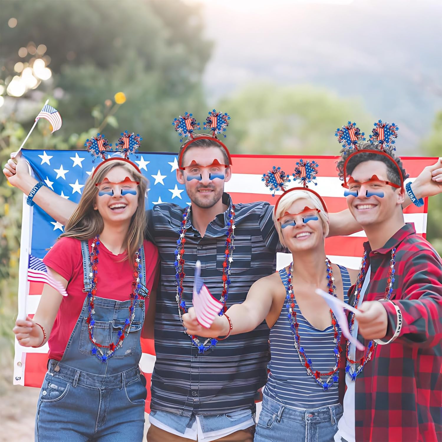 4th of July Outfits for Women Fourth of July Flag Accessories - 3 Headband + 3 USA Sunglasses + 9 Beaded Necklaces + 6 Bracelets for Women Patriotic Party