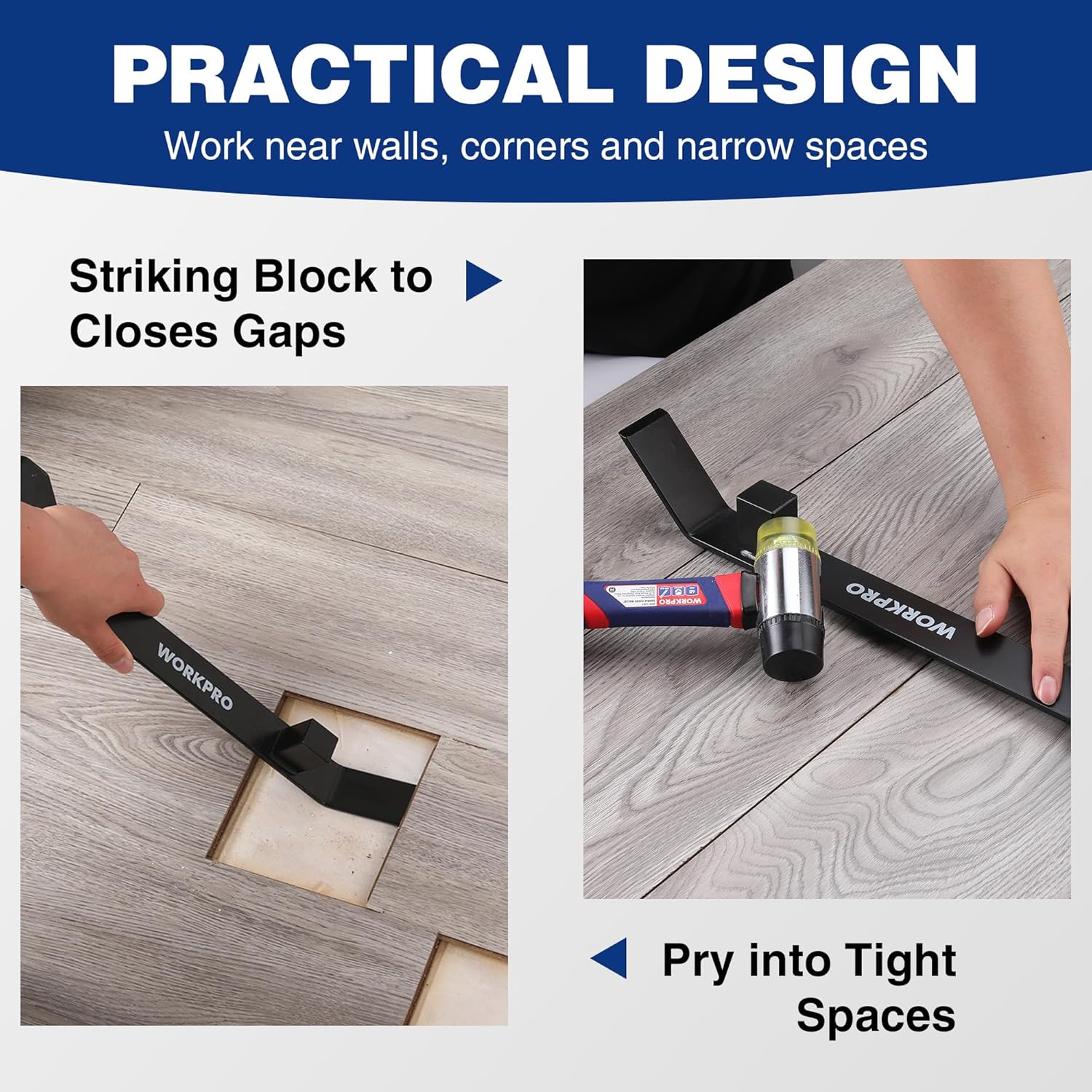 Using the WORKPRO pull bar striking block to close gaps in flooring
