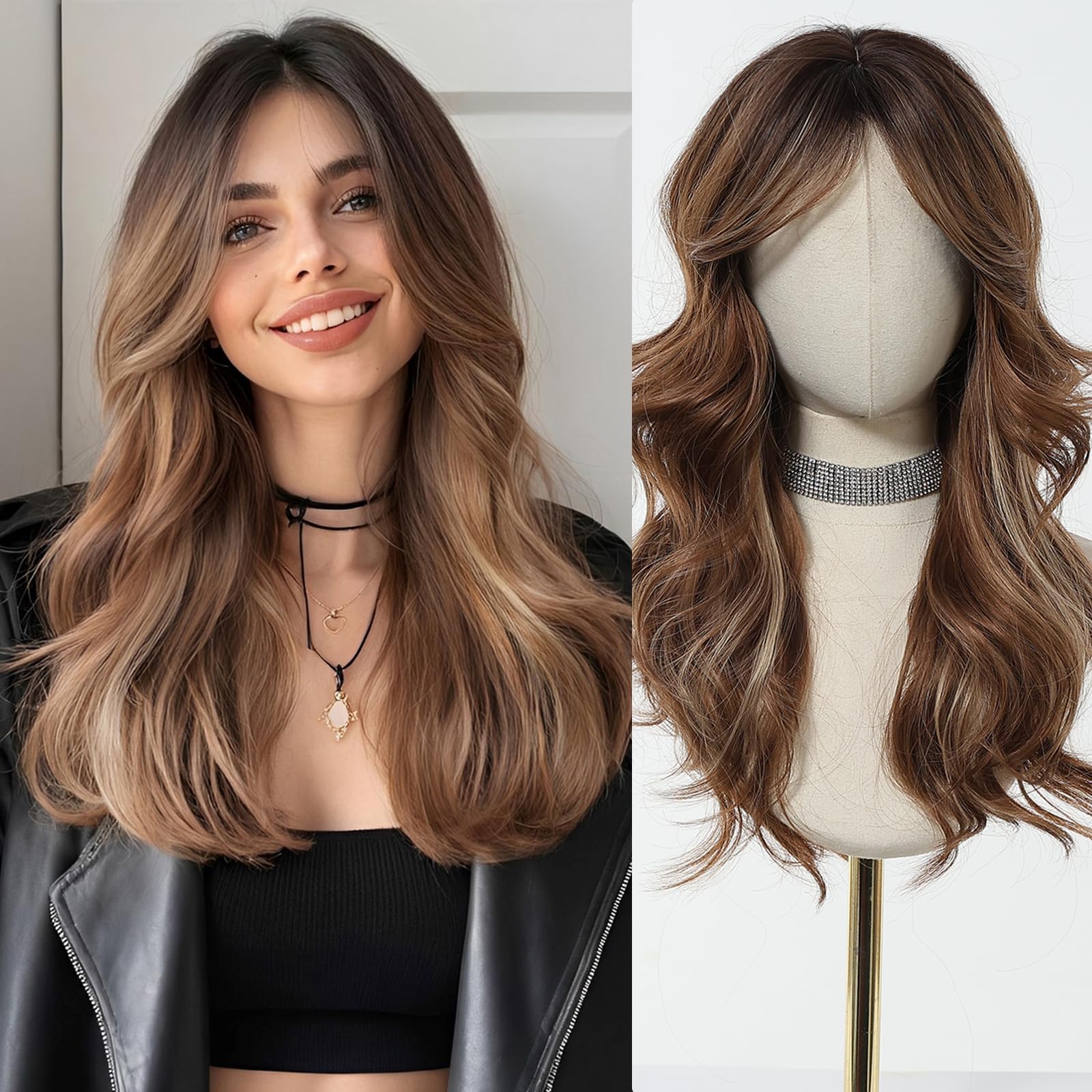 Esmee Perruque Marron Longue et Droite pour Femmes Perruque à Frange en Cheveux Synthétiques Layered pour Soirée Cosplay Quotidienne