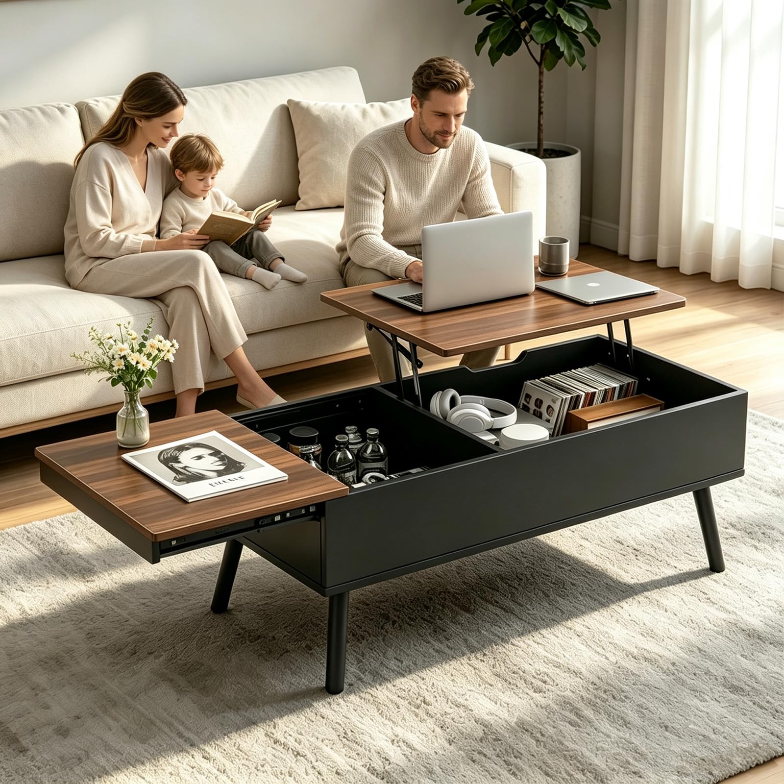 Couchtisch Höhenverstellbar mit Schiebeplatte, Couchtisch mit Stauraum, Modern Wohnzimmertisch mit 2 Großen Versteckten Ablagefächern, 100 x 50 x 43.5 cm (Braun)