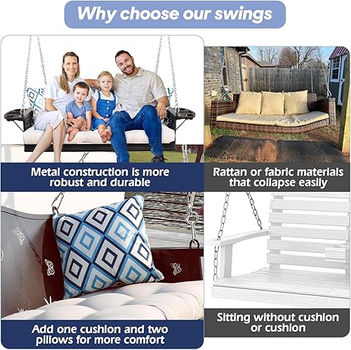 Miniatura 4 de Columpio de metal para porche de 3 asientos, 900 libras, banco colgante resistente con bandeja y cojines mejorados, silla columpio con acabado