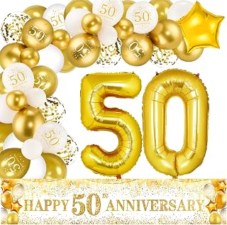 50th Wedding Anniversary Decorations White Gold Happy 50th Anniversary Yard Banner and 59Pcs Balloons Foil Number 50 Balloons for Golden Wedding Party Decoration