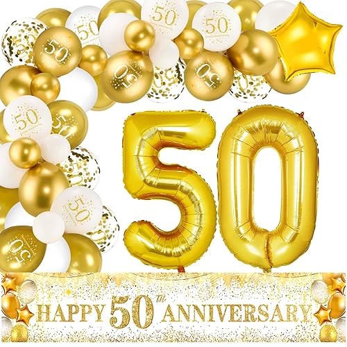 50th Wedding Anniversary Decorations White Gold Happy 50th Anniversary Yard Banner and 59Pcs Balloons Foil Number 50 Balloons for Golden Wedding Party Decoration