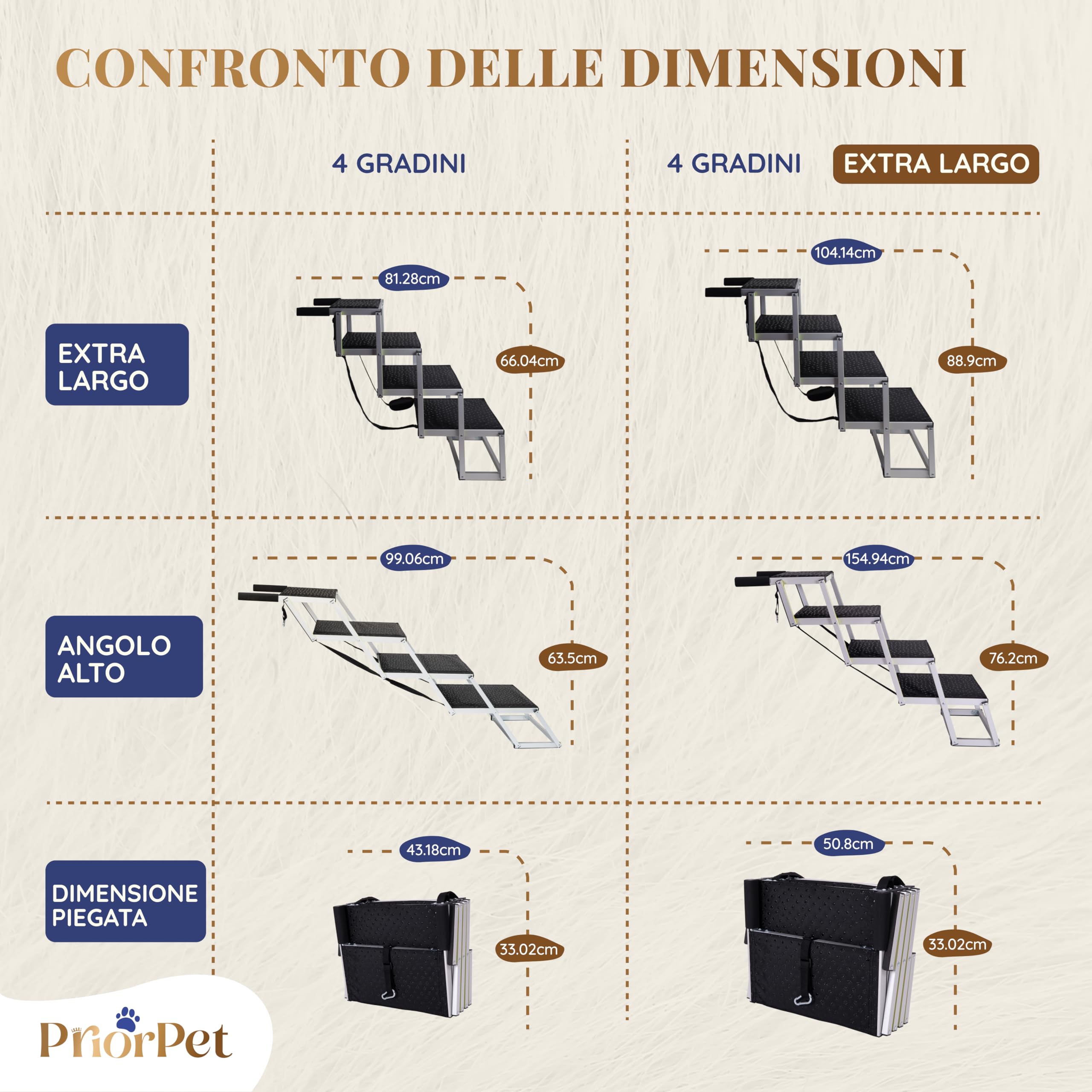 Scala per cani Auto pieghevole – Scala extra larga per cani grandi – Per auto alte e SUV – Passaggi luminosi di notte – Aiuto per articolazioni – Superficie antiscivolo – Fino a 105 kg – 4 gradini