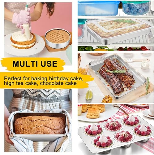 Miniatura 6 de P&P CHEF - Juego de 9 moldes de acero inoxidable para hornear, molde redondo y cuadrado, molde para horno tostador, lasaña, molde para pan, bandeja