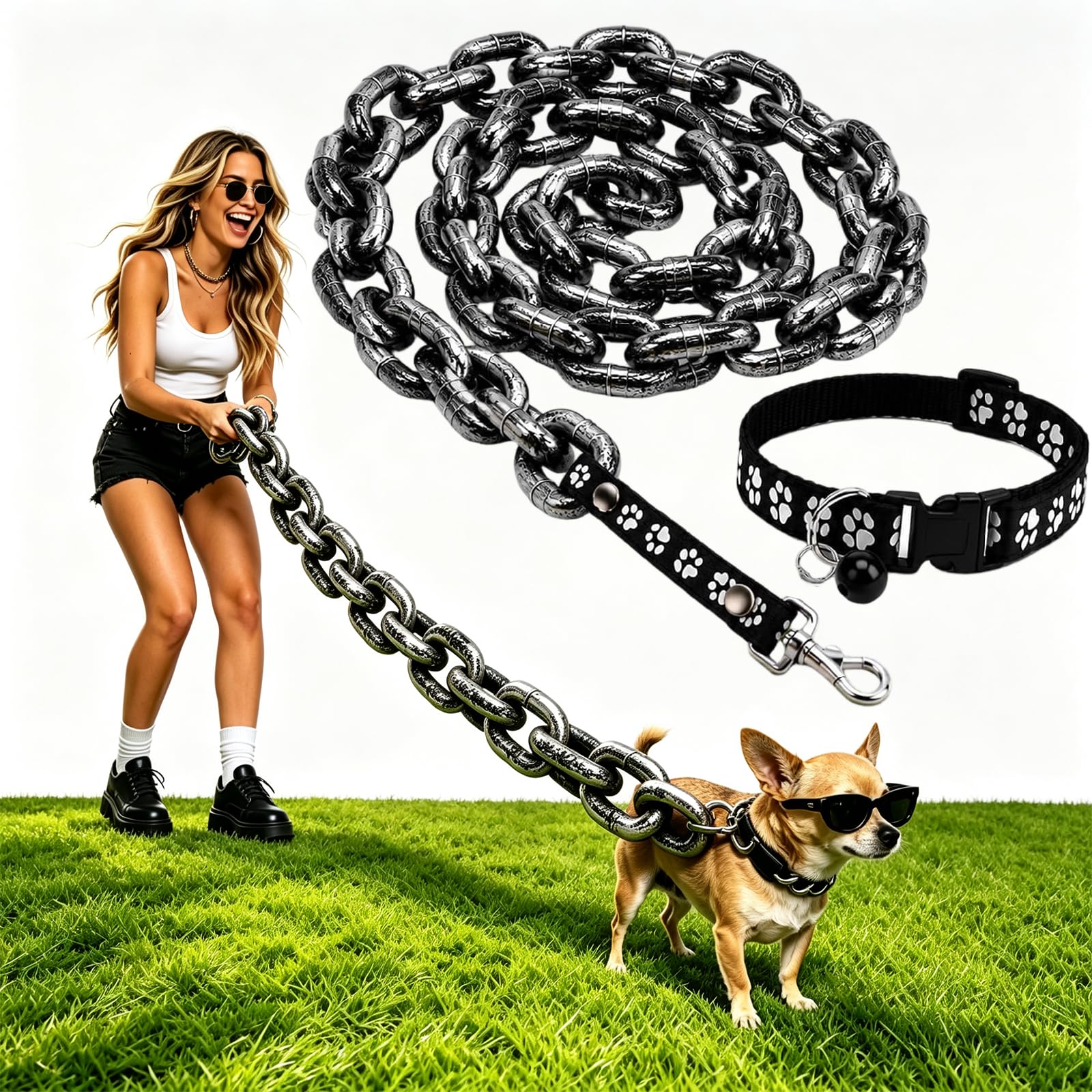 Iron Paw Chain Leash, Big Chain Leash for Small Dog Funny, Lightweight Fake Heavy Plastic Chain with Secure Clip, Photo Ready Humorous Leash for Small Dogs Cats Puppies (Black 60 inch)