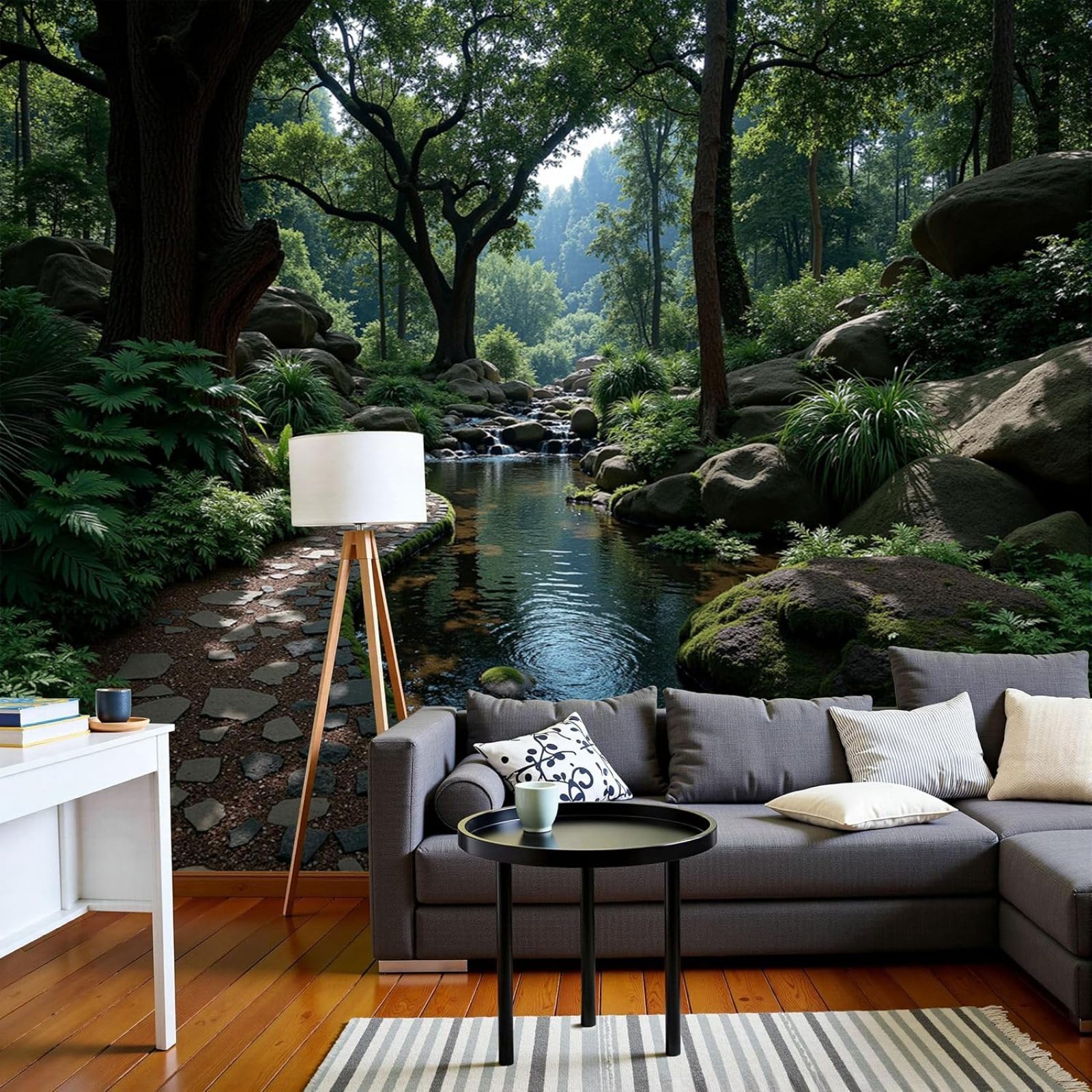 Photo wallpaper Filtered Light and Shadow Plants - XXL Photo Wallpaper, Forest Stream Landscape 3D Effect, Green For Living Room Bedroom Non-woven Wallpaper Wall Mural, 300cm x 210cm Stickers - Framel