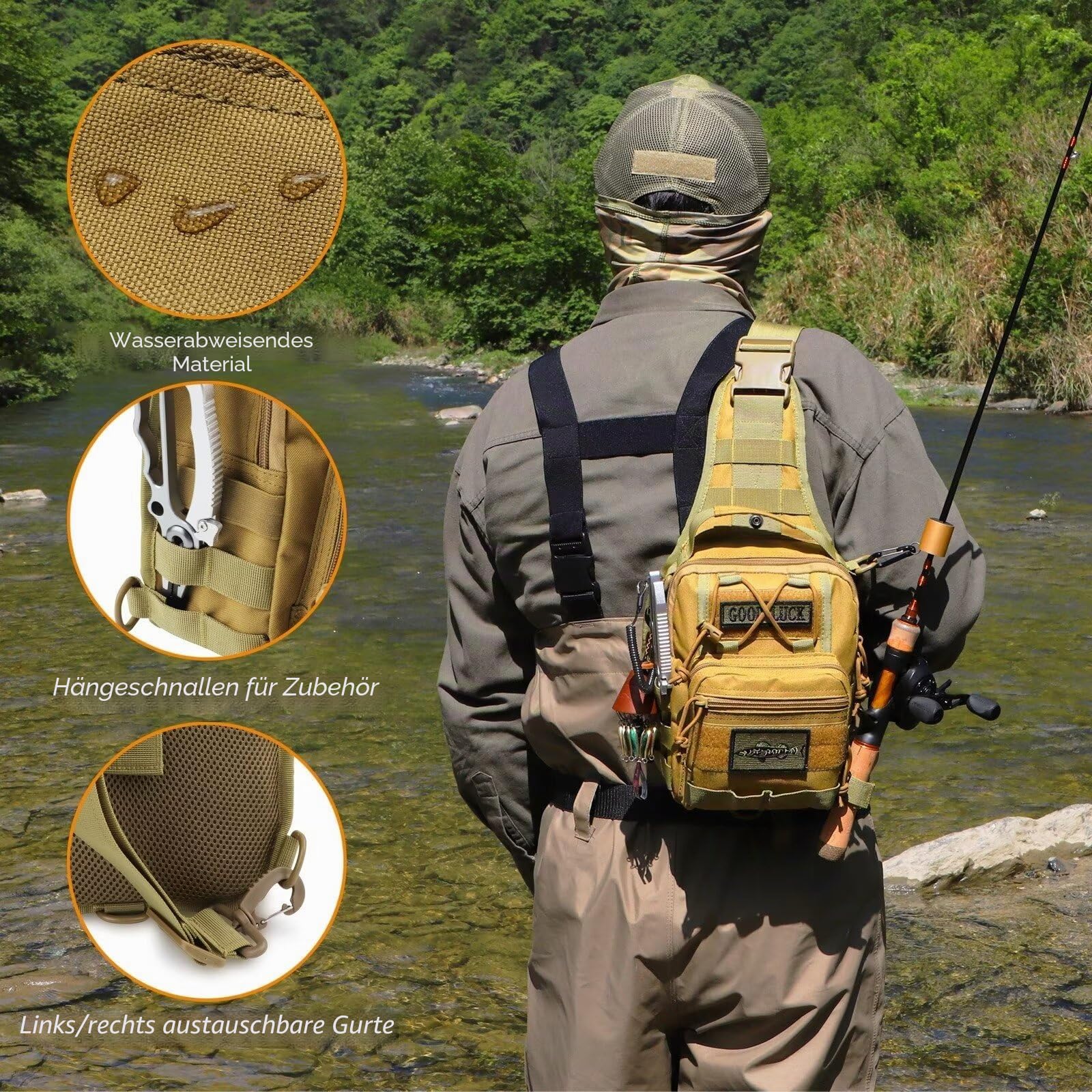 Dovesun Kleiner Angelrucksack, Fliegenfischen Sling Pack Wasserdichter Angelrucksack mit Angelkoffer Angeltaschen für Fliegenfischen