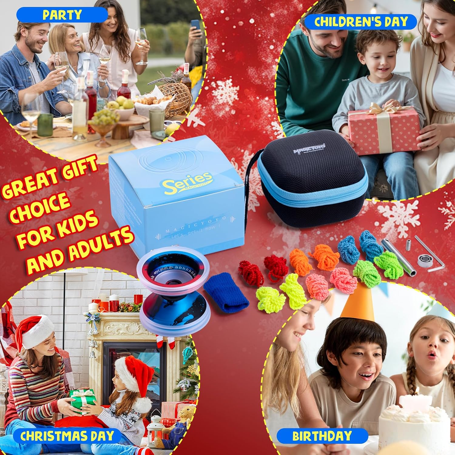 MAGICYOYO V13 Professional Yoyo for Kids 8-12 and Adults, Bi-Material Dual Yoyo for All Skill Levels, Trick Yo yo with 12 Yo-yo Strings, Finger Brace, Bearing Kit (Black Blue Red)