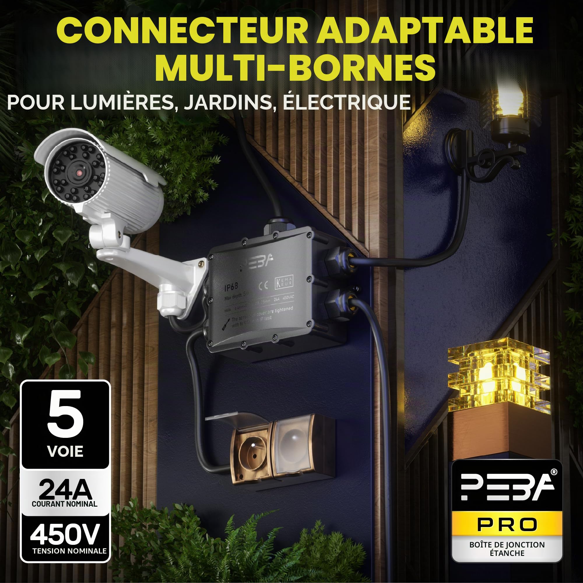 PEBA Boîte dérivation étanche extérieur IP68, Connecteur étanche etanche à 5 Voies pour câble de 4-14 mm de diamètre, Noir