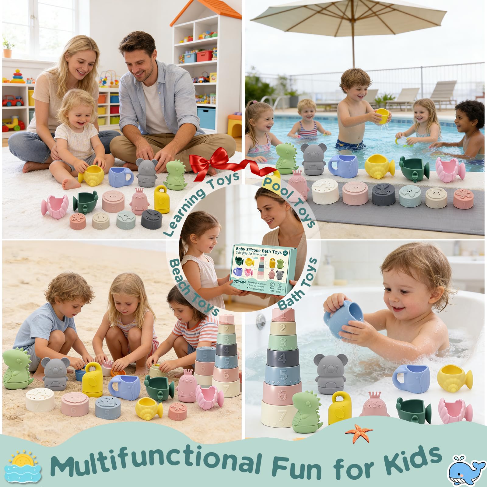 Jouets de Bain Bébé Silicone 0+ Ans,Set Silicone Alimentaire, Gobelets Empilables Sensoriels, Animaux Aspergeurs à Ventouse, Jeux de Bain Jouets de Douche de Bébé Jouet Piscine Jouets Flottants