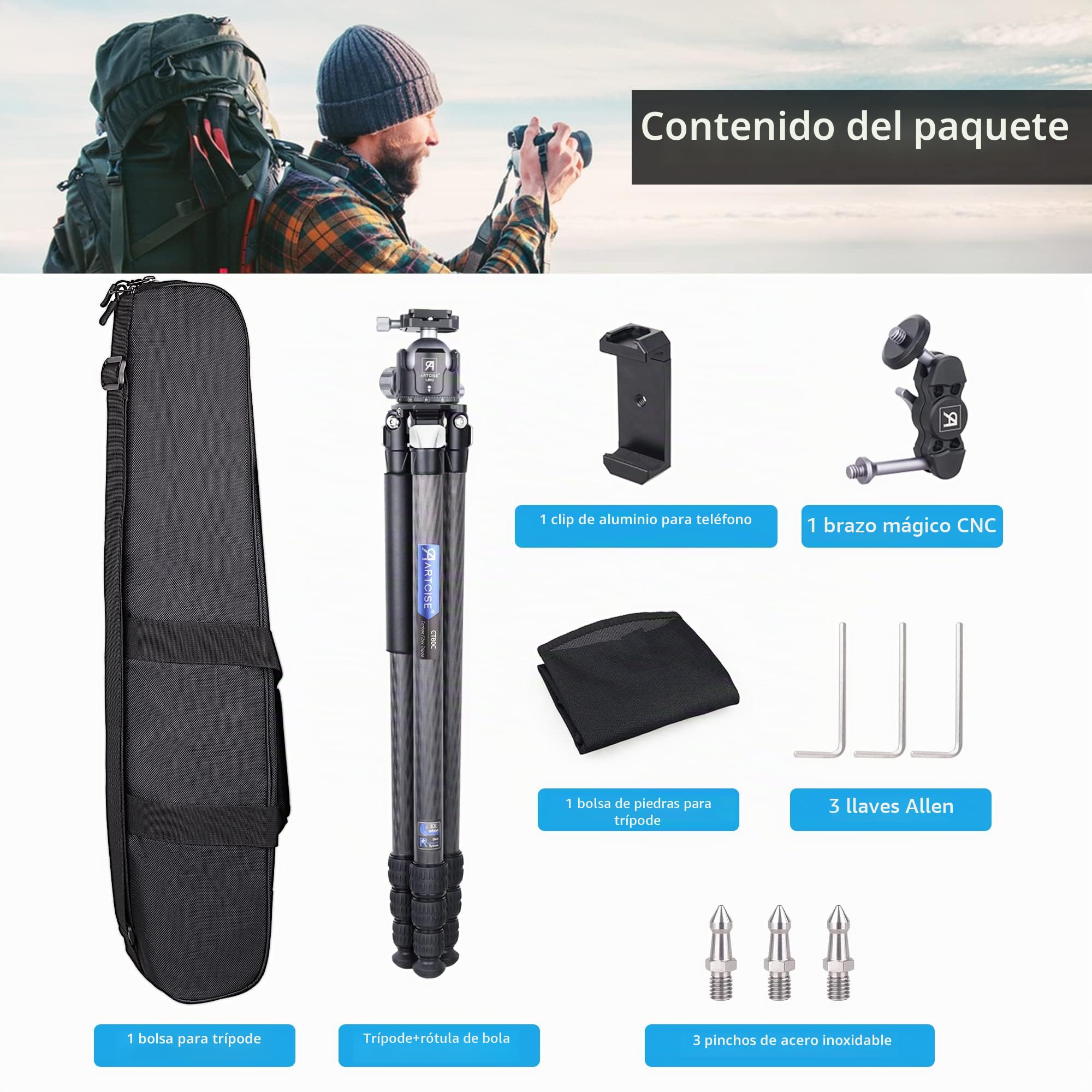 ARTCISE - Trípode de Fibra de Carbono con Cabezal de Bola de Perfil bajo de 52 mm y Bolsa de Piedra, Soporte de cámara de Viaje Resistente para videocámara Canon Sony Nikon DSLR, Carga máxima de 25KG