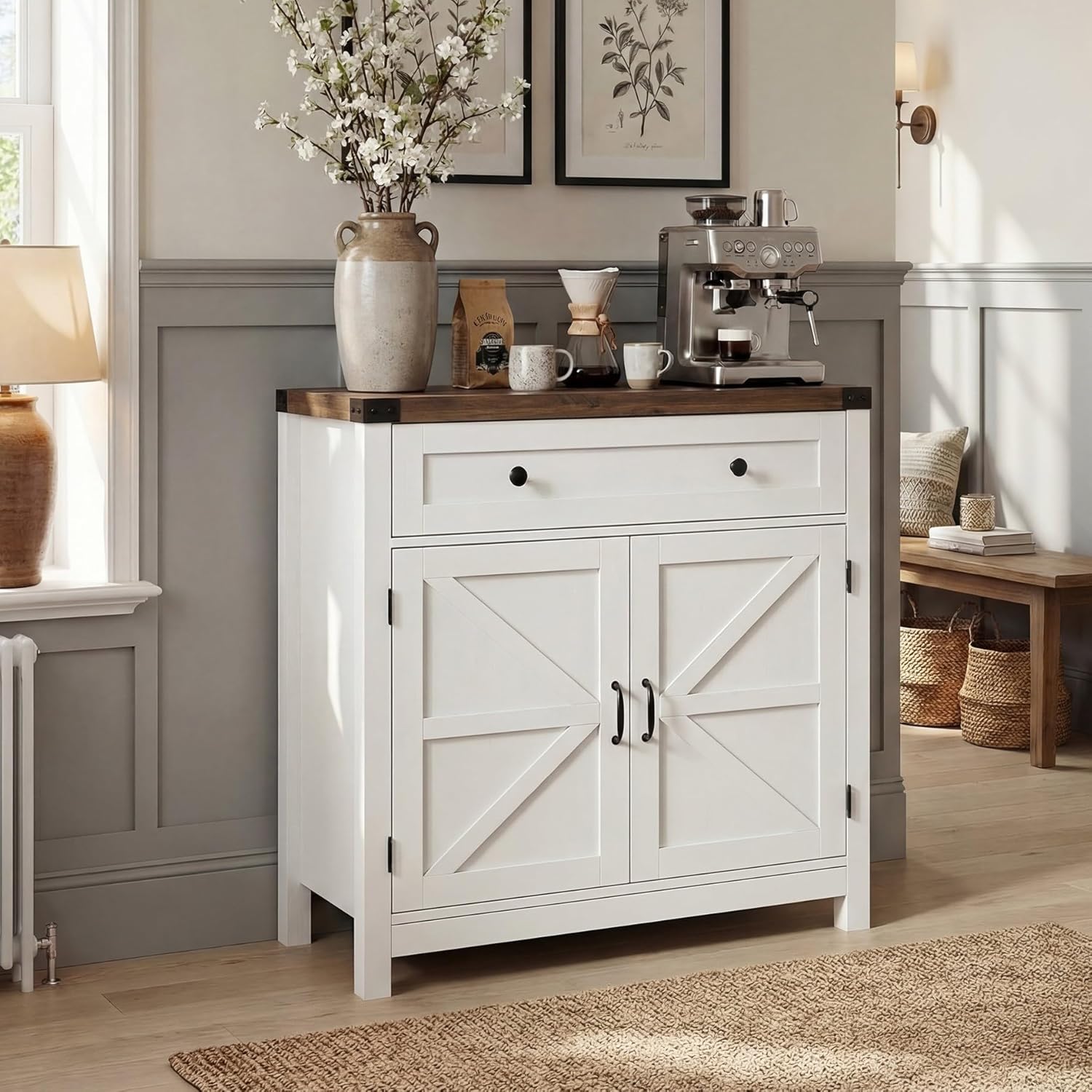 HOSTACK Coffee Bar Cabinet, Kitchen Storage Cabinet, Modern Farmhouse Buffet Sideboard with Drawer and Adjustable Shelf, Barn Door Accent Cabinets for Kitchen, Dining Room, Entryway, White