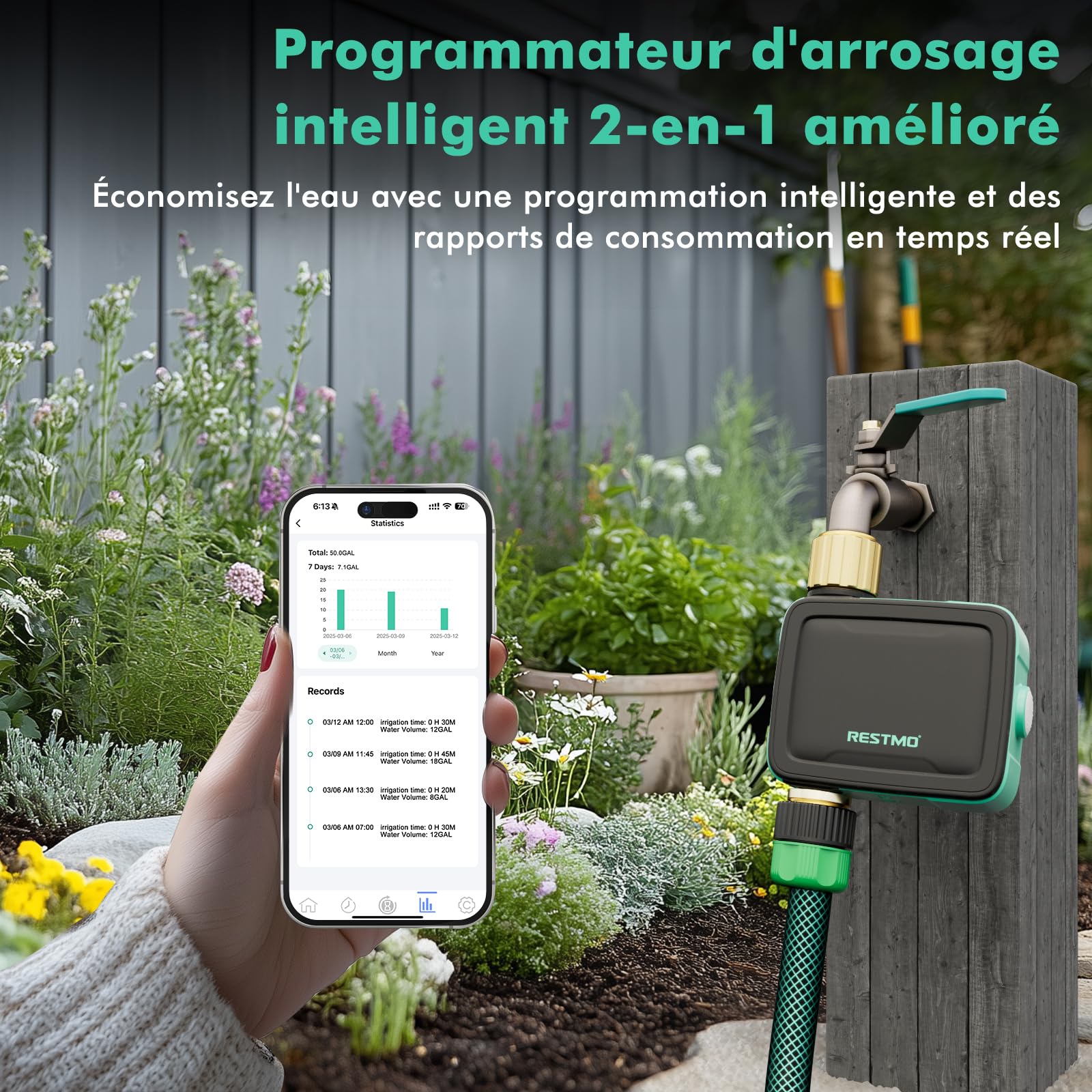 RESTMO Programmateur arrosage Bluetooth intégrée et contrôle Application
