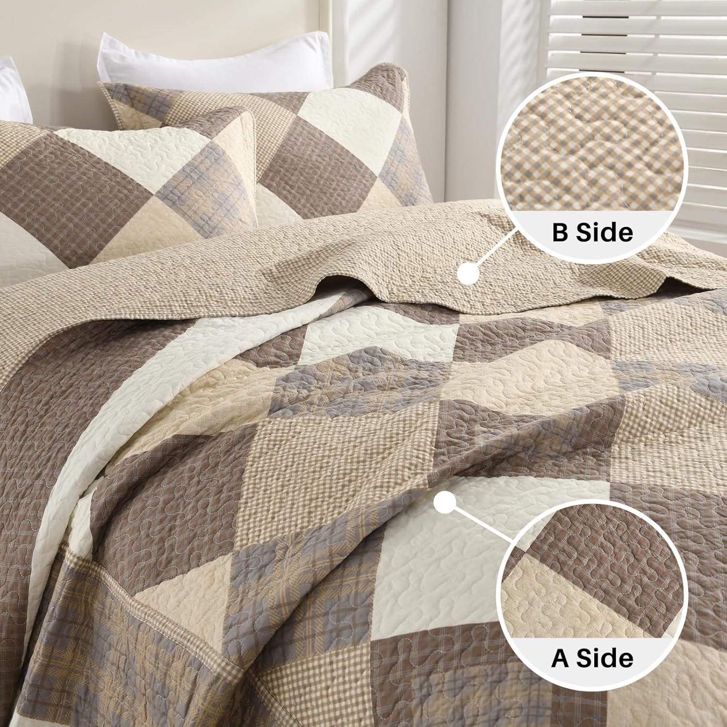 Oversized King Bedspread Quilt 120" x 120", 100% Cotton Lightweight Quilted Bed Spreads Coverlet Set Farmhouse Bedding Cover, 3 Piece, Brown/Beige/Khaki - Image 7