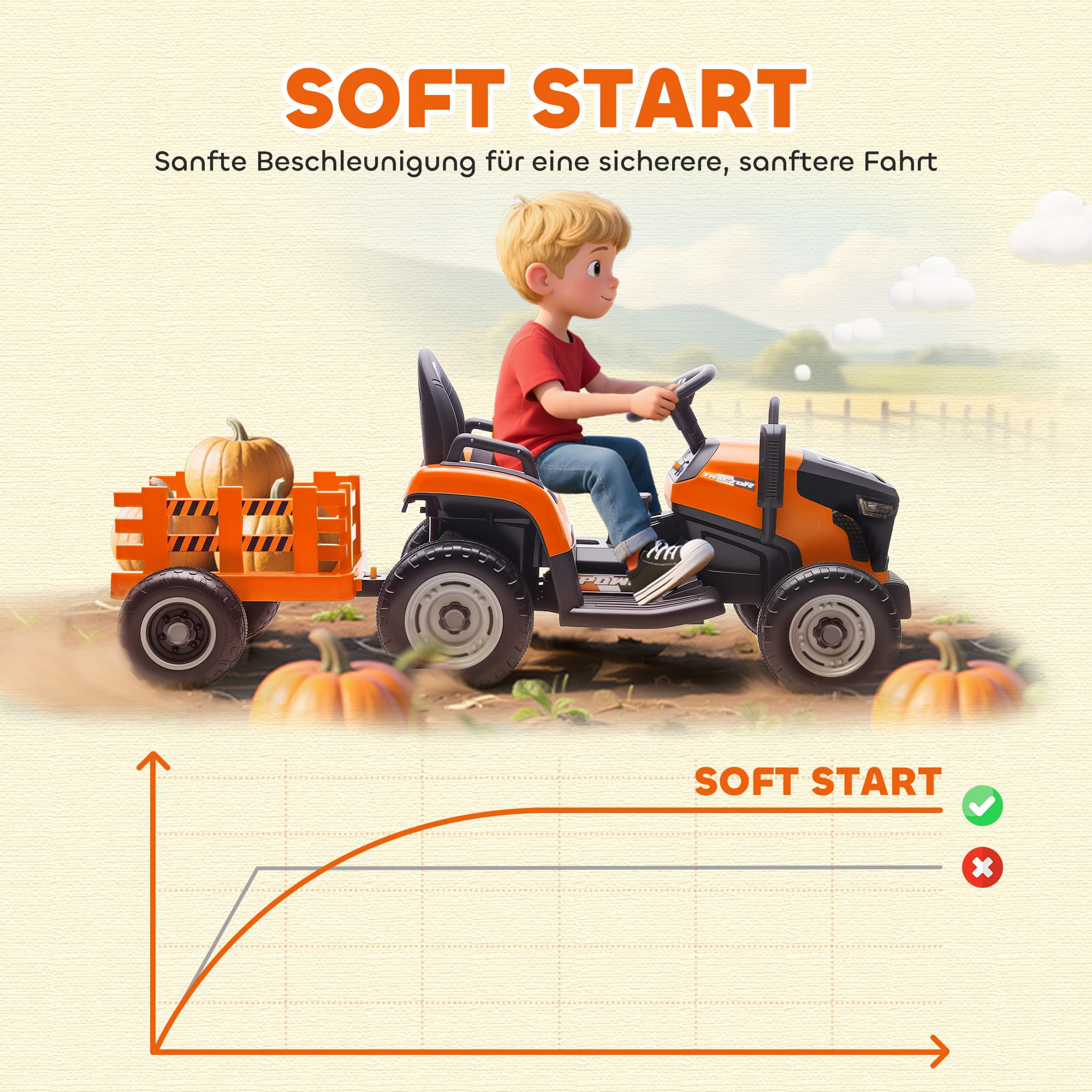 AIYAPLAY Trattore Elettrico Bambini Rimorchio 2 Motori 3-5 km/h Arancione | Trattore elettrico con telecomando, 3 velocità, musica, clacson, avvio morbido, suono avviamento, età 3-8.