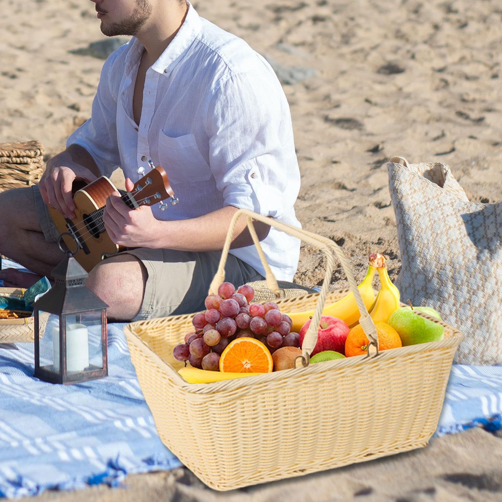 Weiden-Picknick-Aufbewahrungskorb mit faltbarem Griff, PP gewebte, leere Picknickkörbe, stabiler Eisendrahtrahmen, vielseitiger Erntekorb für Camping, Strand, Park, Halloween, B 45 x 35 x 20