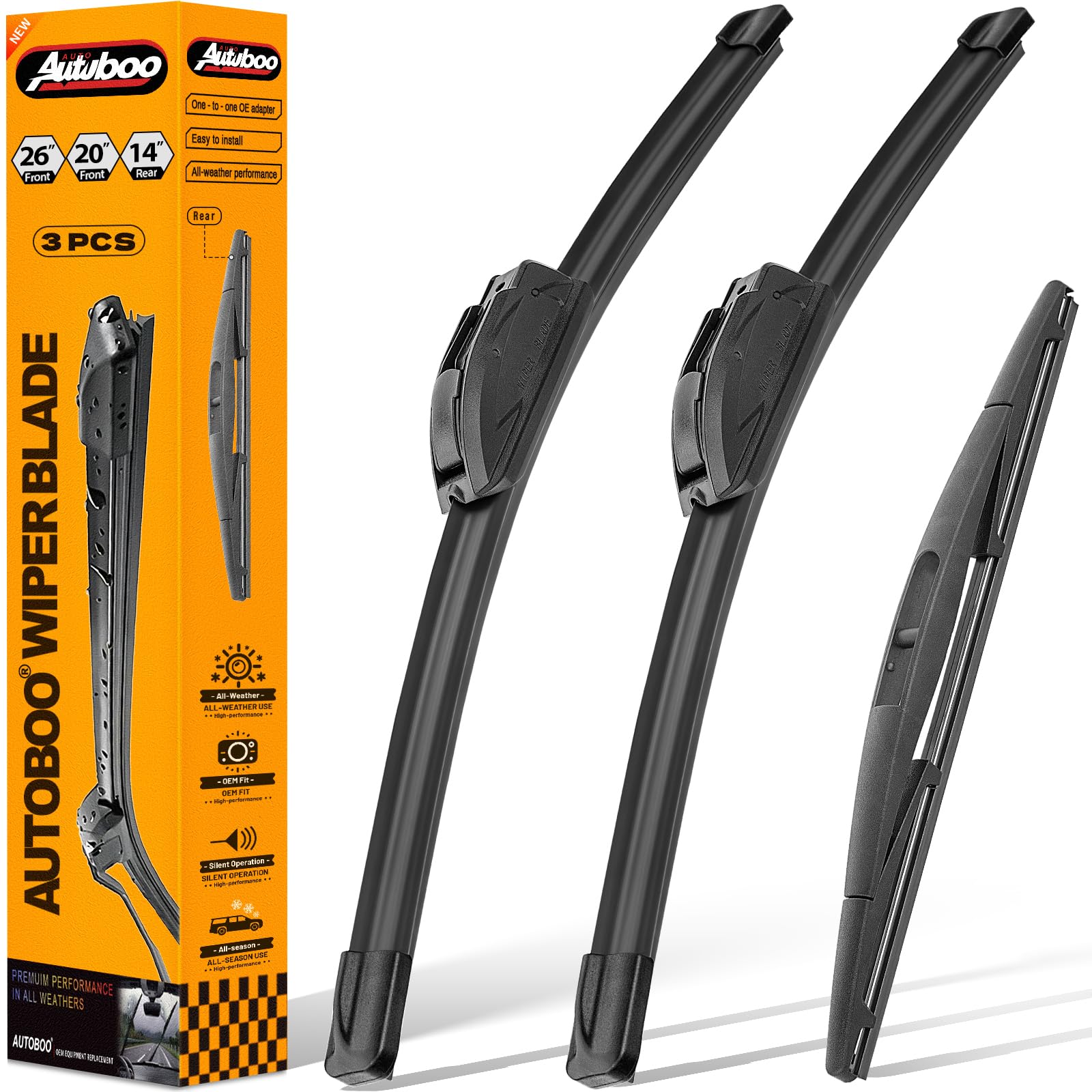 AUTOBOO Windshield Wiper Blade Replacement for Acura MDX 2014-2020 | Fits MDX 2014–2020; 26"+20" front + 14" rear, OE fit, all-weather, quiet, easy install