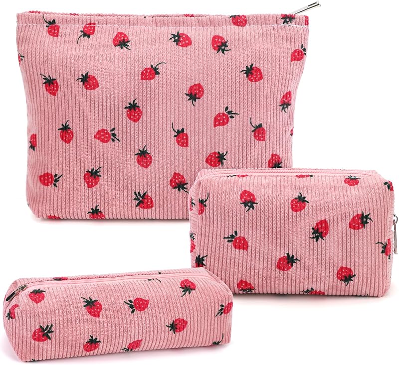 Gocvo Conjunto com 3 necessaires de maquiagem xadrez, organizadores de viagem, Strawberry Pink