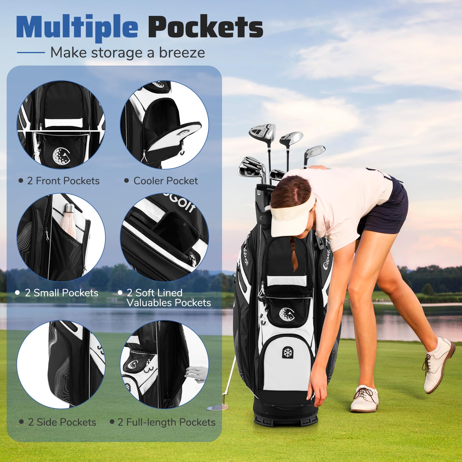 LIFEZEAL Bolsa de Golf con 14 Divisores, Bolsa de Palos de Golf con 11 Bolsillos, Cinturón de Almacenamiento Portátil con Correa Acolchada, Nevera, Asas, Soporte de Paraguas