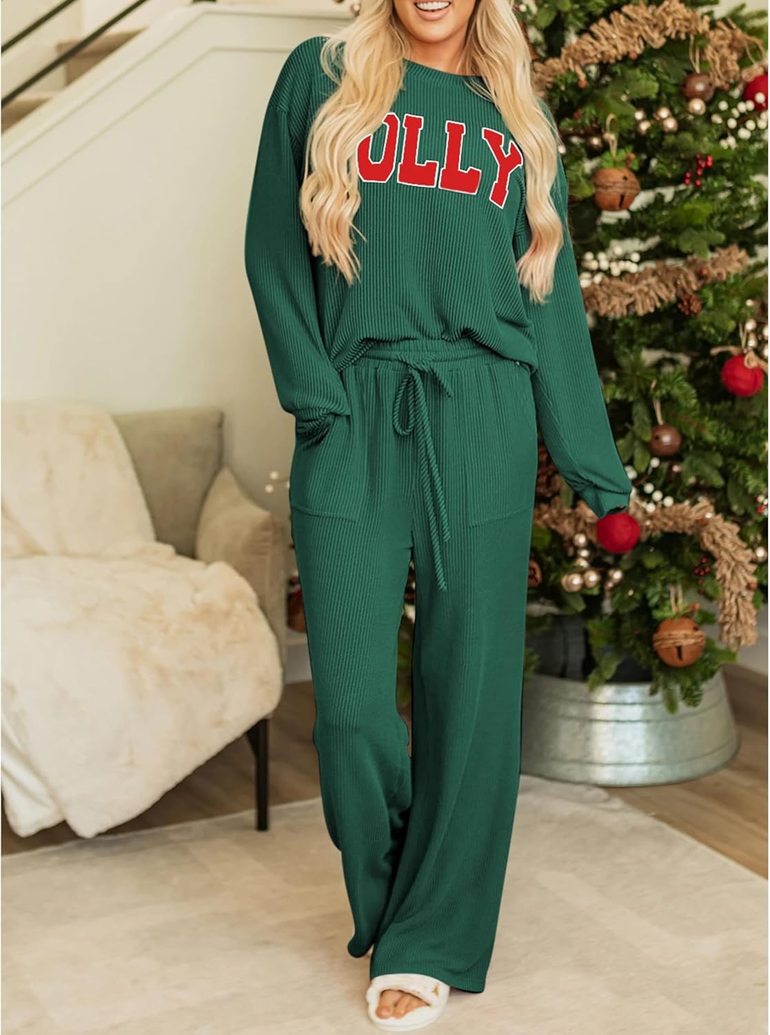 SELINK Christmas Pajamas for Women JOLLY Corded Long Sleeve Top and Pants Matching Lounge Set with Pockets - Image 2