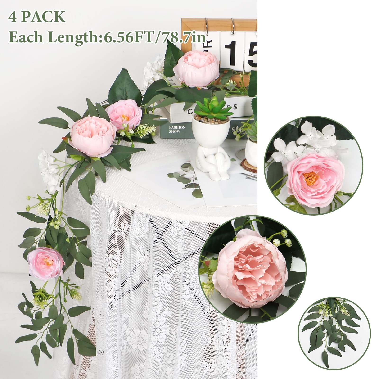 Künstliche Blumen Girlande Eukalyptus Girlande Vintage Gefälschte Blume Pfingstrose Rosenrebe Grün Dekorative Wandbehangpflanze für Hochzeitsbogen Türanordnung Party (4 Girlande, Hellrosa)