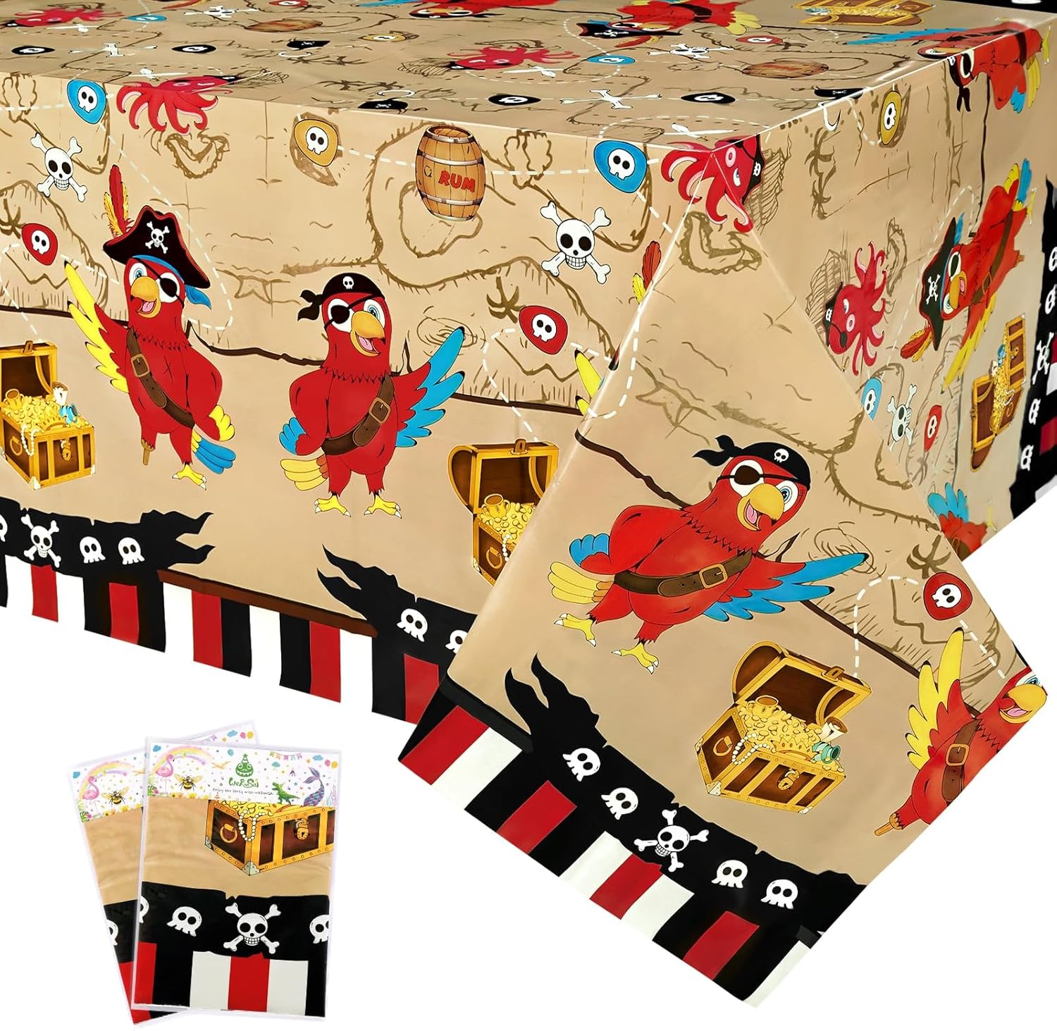 WERNNSAI Pirate Party Tablecloth - 2 Pack 54'' x 108'' Pirate Party Supplies Disposable Island Treasure Map Tablecover Nautical Adventure Theme Decorations for Boys Birthday Dining Table Cover