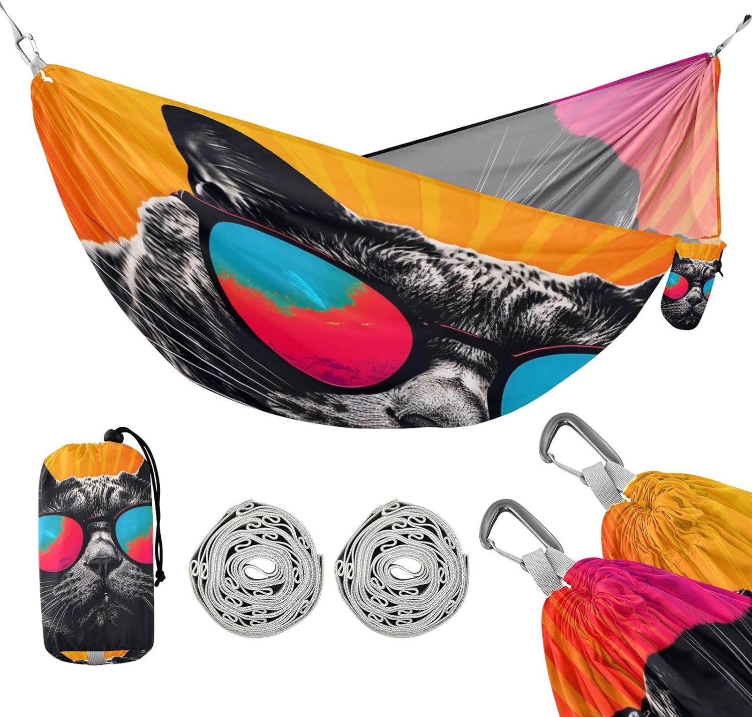 ALAZA Black Cat Camping Hammocks Single or 2 Person 500 lbs Portable Parachute Travel Hammock w/Tree Straps for Hiking Backpacking Indoor Outdoor