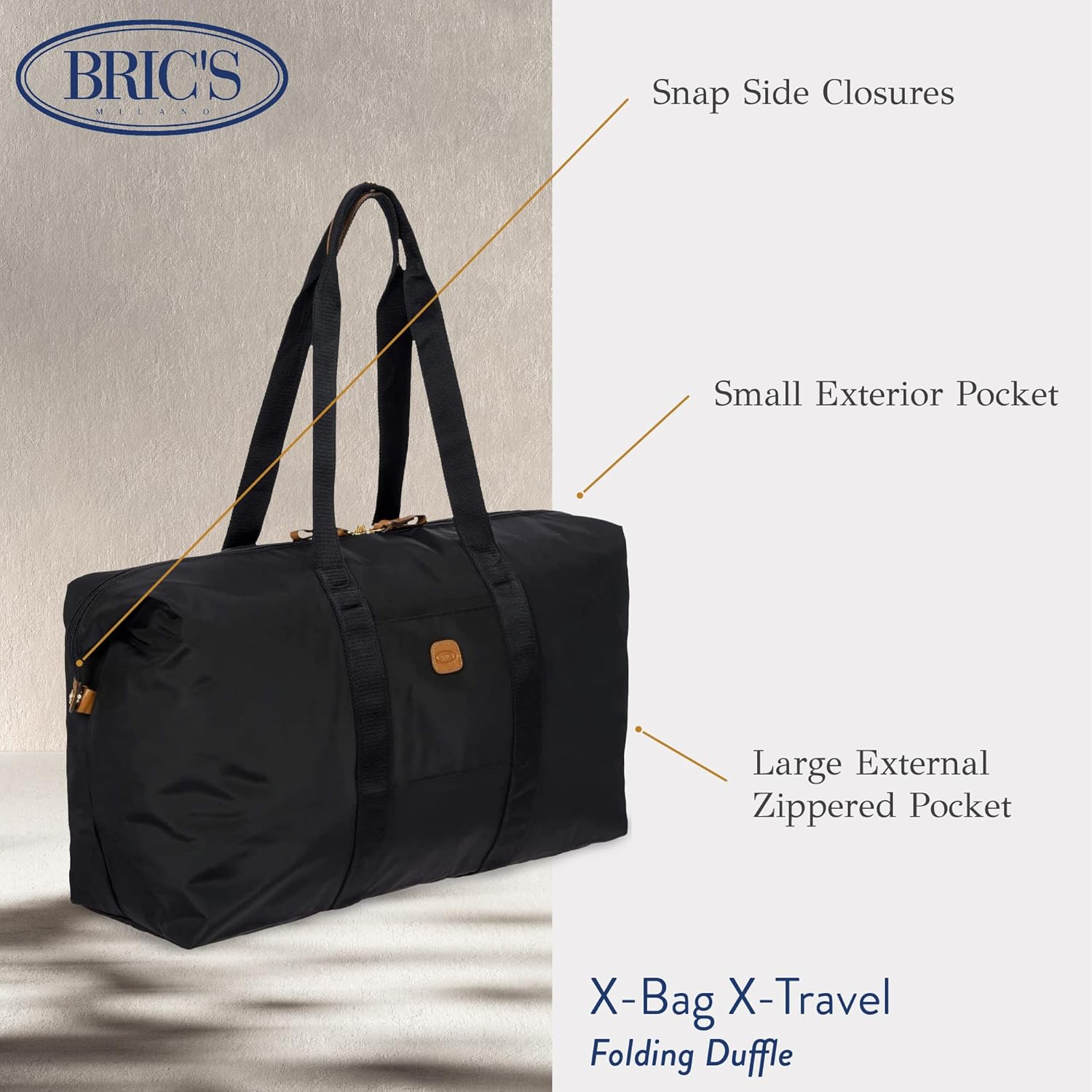 Bric's X-Bag/X-Travel 2.0 Overnight Weekender Duffel, Water-Resistant Folding Carry-On with Leather Trim, Removable Shoulder Strap and Pass-Through Sleeve - Mini Bag Included – 22 Inch, Black - Image 3