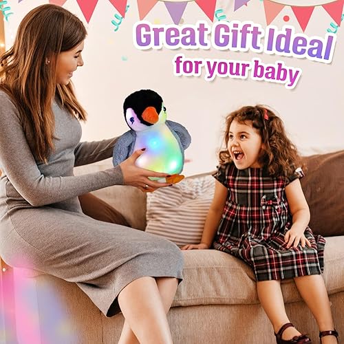 Vista 4 de BSTAOFY Peluche de pingüino iluminado que brilla alegre, adorable juguete de peluche LED flexible, regalo de luz nocturna para niños en cumpleaños