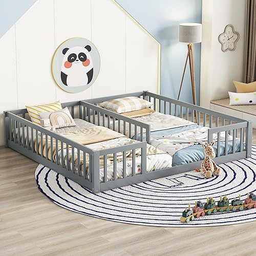 Miniatura 10 de Cama de suelo para niños tamaño Queen con valla, cama de madera con puerta, barandillas en forma de valla, cama de valla para niños, fácil montaje