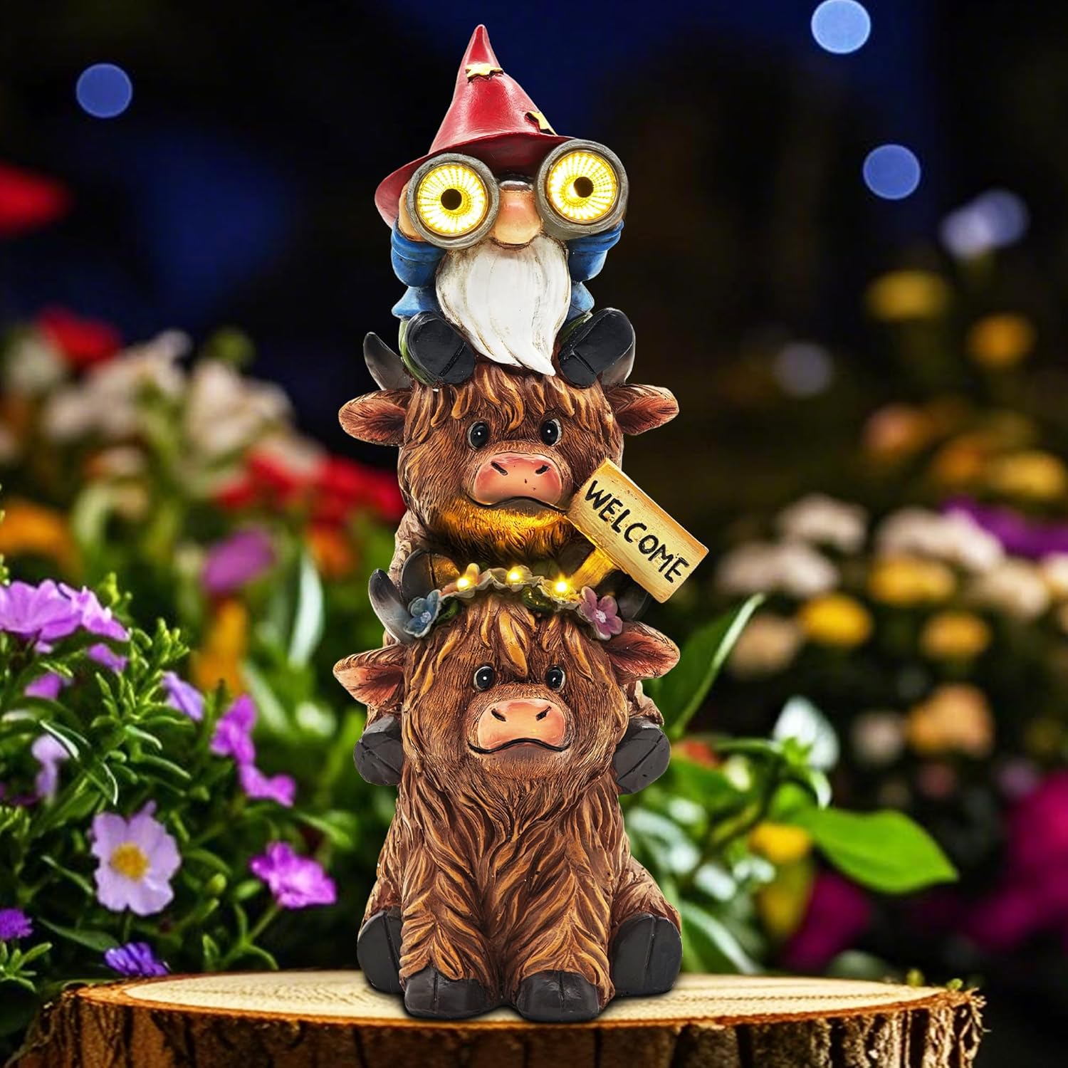 Garden Gnomes Outdoor Statue: 11'' Highland Cow Decor with Welcome Sign Funny Triple Yard Decorations with Solar Light Unique Birthday Gifts for Women Mother Grandma