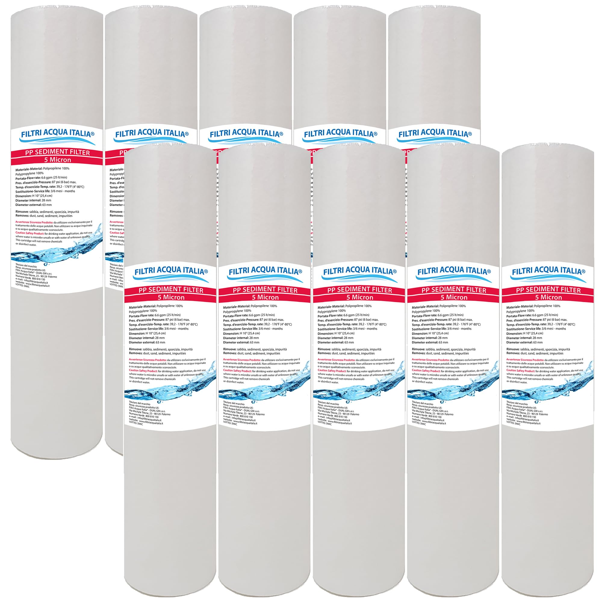 CARTUCCIA FILTRO A SEDIMENTI 10 POLLICI MICRON 5 PER OSMOSI INVERSA DEPURATORE ACQUA SET 10 PEZZI
