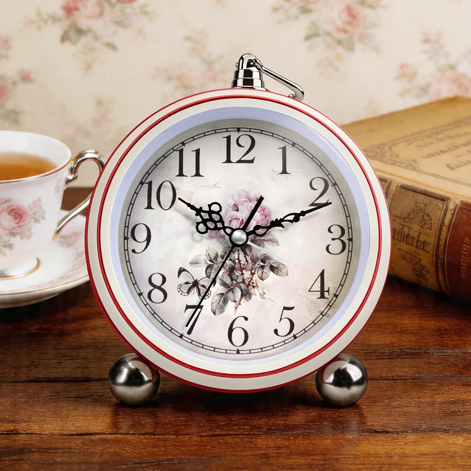 5.3" Retro Alarm Clock Elegant, Silent Non-Ticking Vintage Bedside Clock Battery Operated for Shabby Chic Decor, Small Desk Clocks for Living Room, Bedroom, Shelf, Home Decor Gift Clock (White Flower)