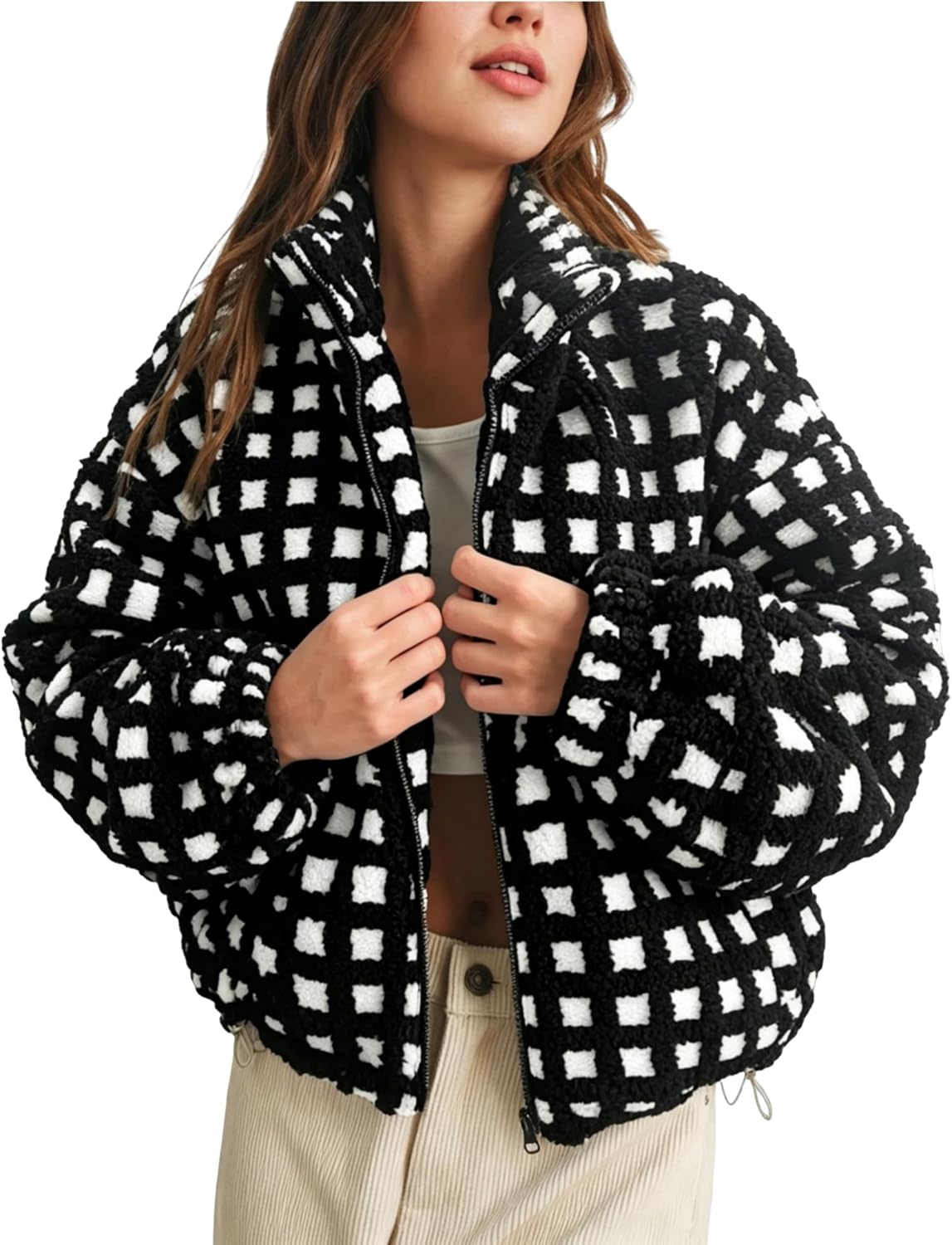 Lianlive Women Winter Sherpa Fleece Jacket Long Sleeve Zip Up Checkered Fuzzy Cropped Coats Warm Outwear with Pockets