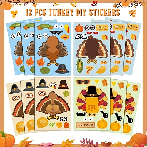 Miniatura 5 de Erweicet Regalos de fiesta de Acción de Gracias, 80 unidades, calcomanías de pavo para gafas, calcomanías de tatuaje, bolsas de regalo para niños,