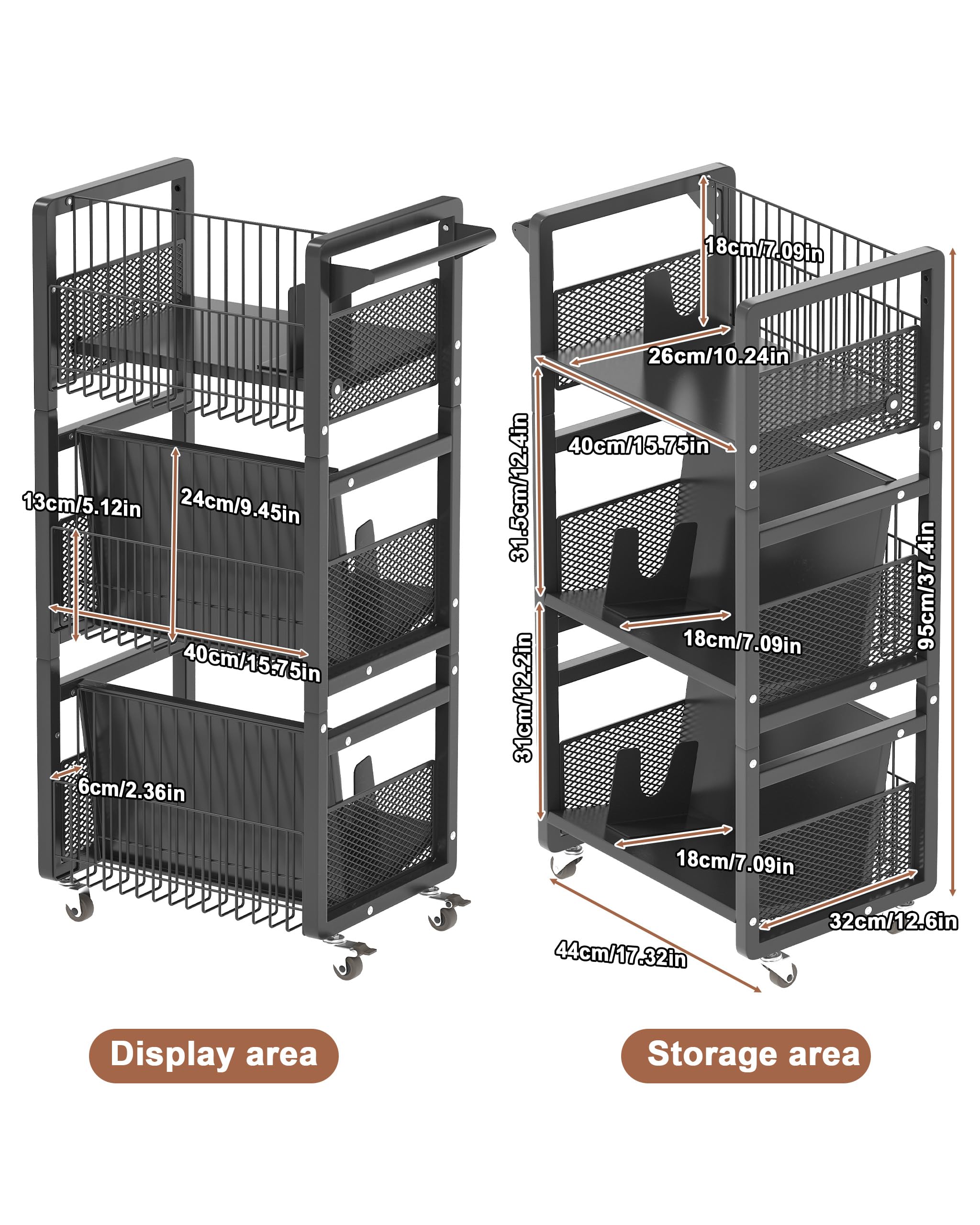 Carrello per Libri con Ruote,Carrello Da Biblioteca con Portata 70kg con Maniglia,Ripiani Piatti a Forma Di L su Un Lato,per Casa,Scuola,con 3 Supporti Magnetici per Libri - Nero