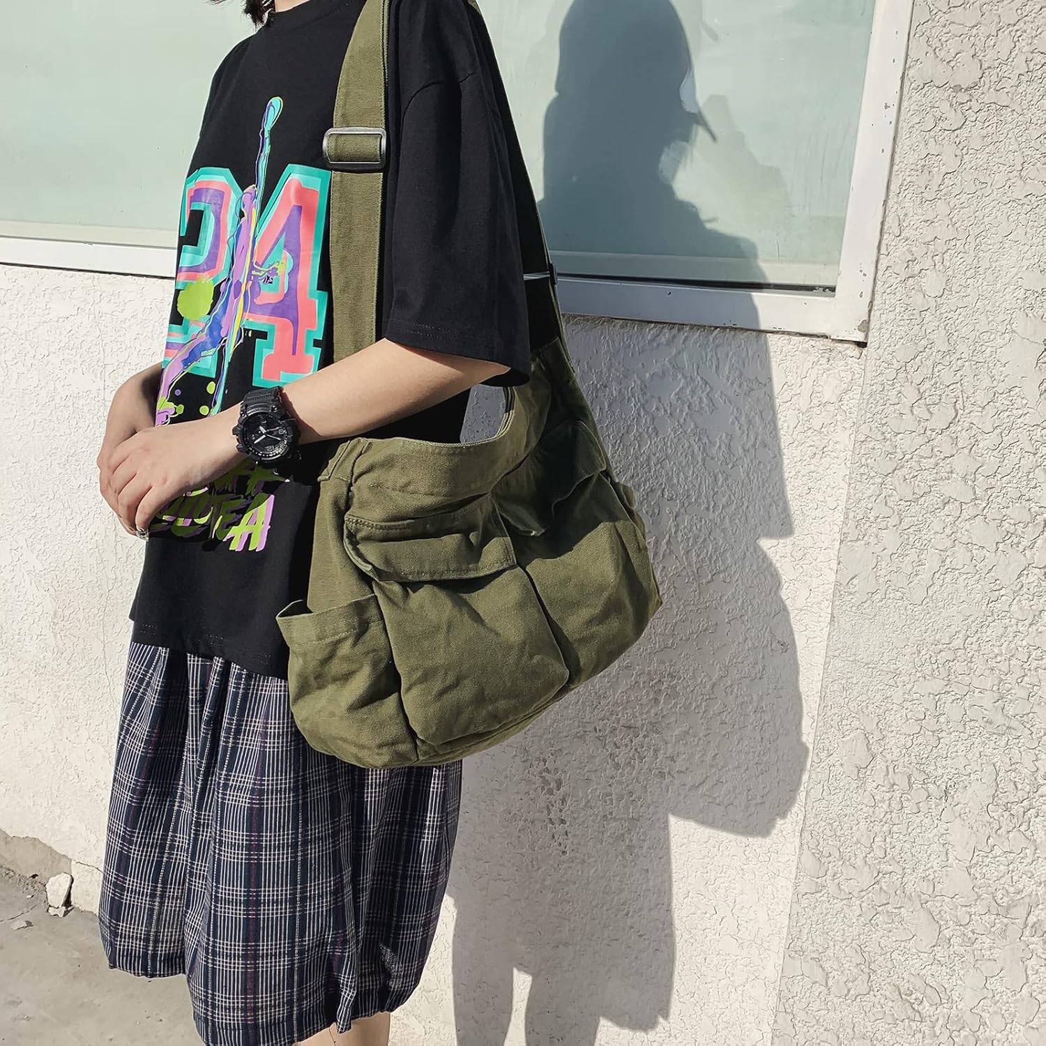 jinghuiyue Unisex Large Capacity Canvas Shoulder Bag Retro Tote Bags Multiple Pocket Hobo Crossbody Handbag for Men